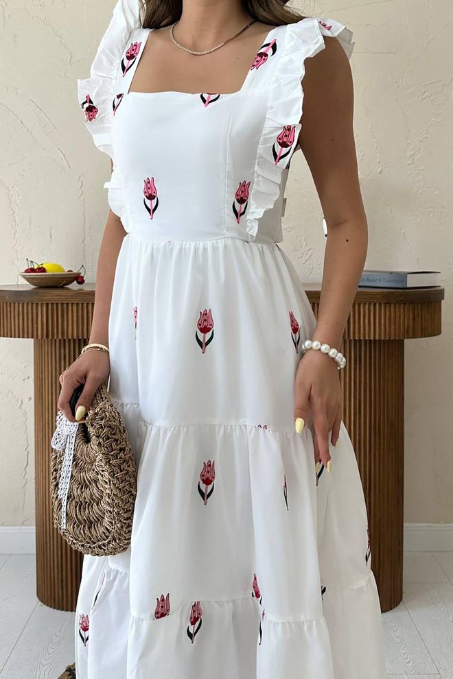 L&C Белое Платье Длиной Миди Fit And Flare С Цветочными Рукавами С Рюшами И Квадратным Вырезом Оптовая продажа одежды Лето