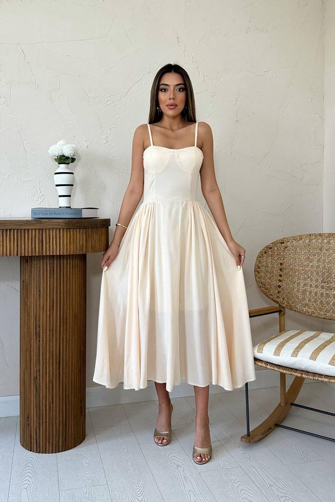 L&C Elegante Beige Fit And Flare Jurk Groothandel Kleding Casual