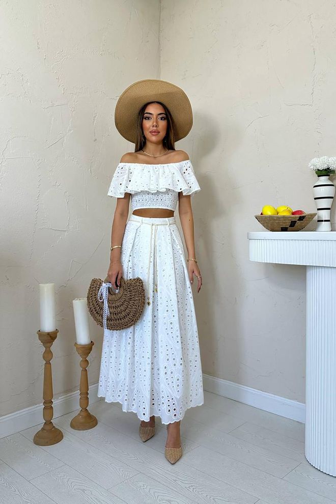 Elisa Set Bianco Boho Elegante Con Maniche Con Volant Abbigliamento all'ingrosso Casuale