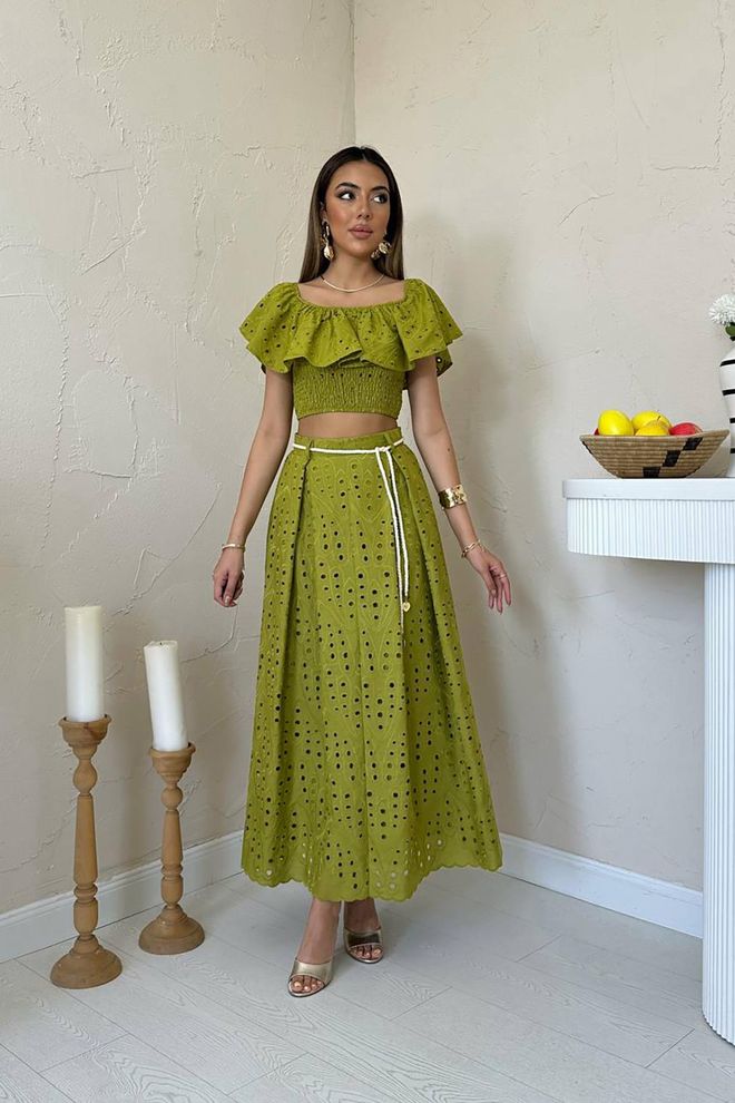 Elisa Set Verde Boho Casual Con Maniche A Volant E Gonna Maxi Abbigliamento all'ingrosso Casuale