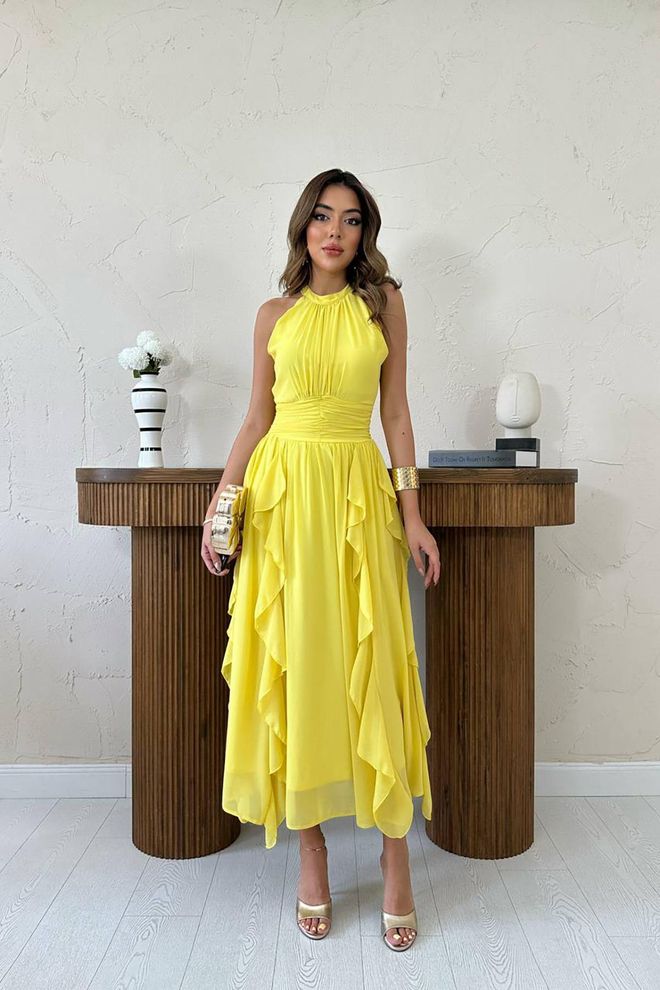 Elisa Елегантна Жута Хаљина Уски И Раскошни Крој Велепродаја одеће Неформалан