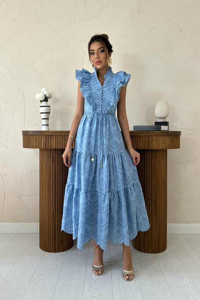 Elisa Vestito Blu A Line Con Maniche A Volant Abbigliamento all'ingrosso Casuale