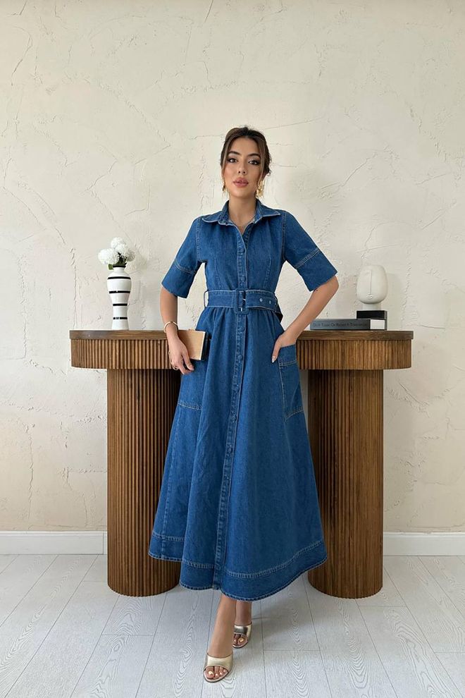 Elisa Vestito Camicia Blu Elegante Con Collo Dentellato Abbigliamento all'ingrosso Modesto