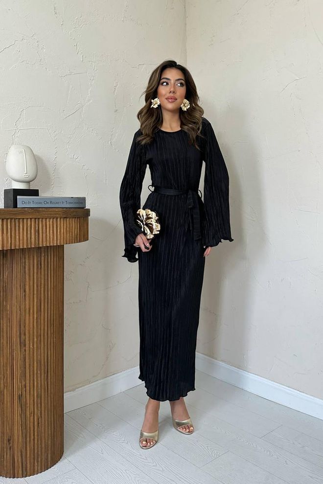 Elisa Robe Fourreau Noire Rayée Modeste Élégante Formelle Vêtements en gros Modeste