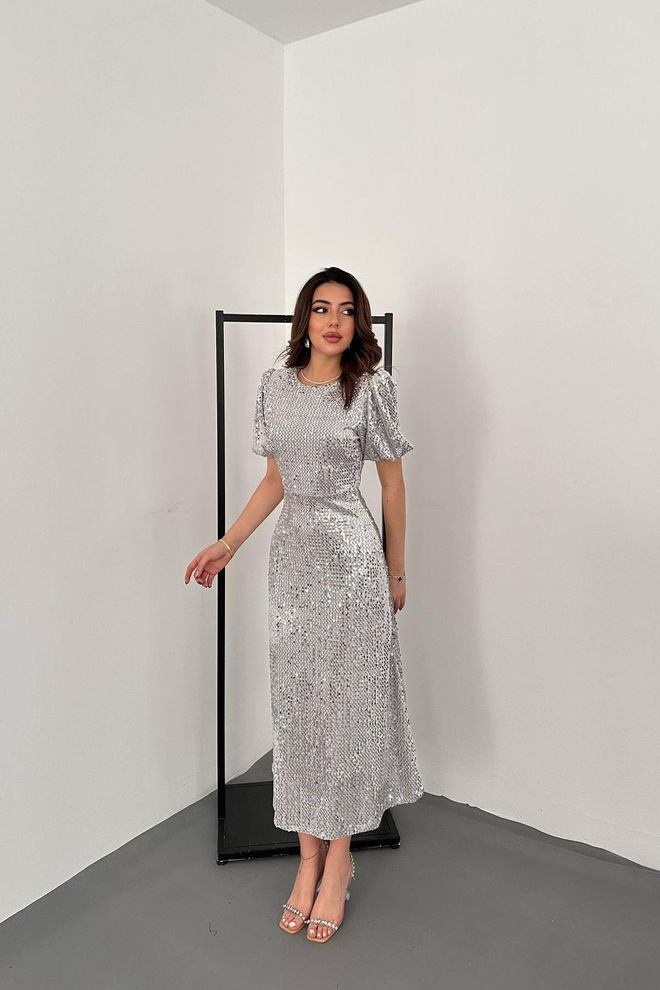 Elisa Eleganten Srebrn A linijski Obleka Z Bleščicami In Rokavi Z Naborki Oblačila na debelo Formalno