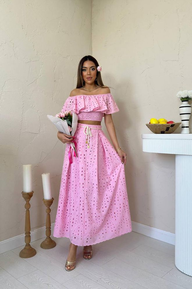 Elisa Roze Set Met Ruches Mouwen En A lijn Maxi Rok Groothandel Kleding Casual