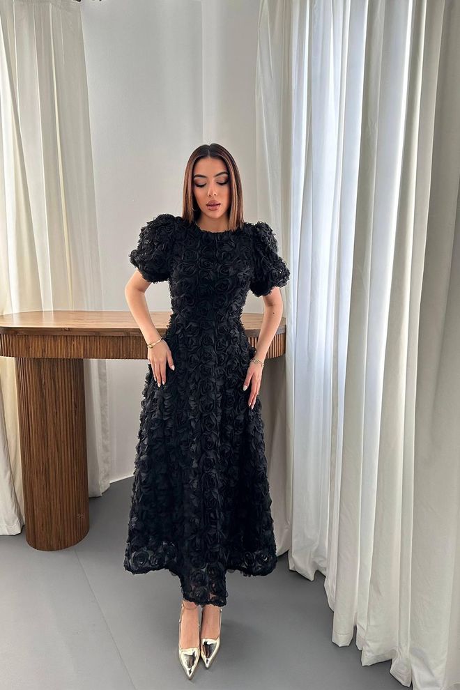 Elisa Rochie Elegantă Neagră Tip A Line Cu Model Floral Și Mâneci Bufante Îmbrăcăminte cu ridicata Formal