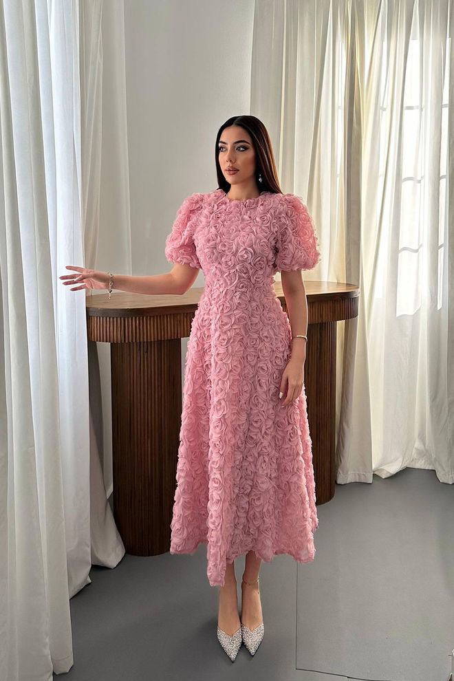 Elisa Robe Rose Élégante A line Midi À Manches Bouffantes Mi longues Vêtements en gros Ancien