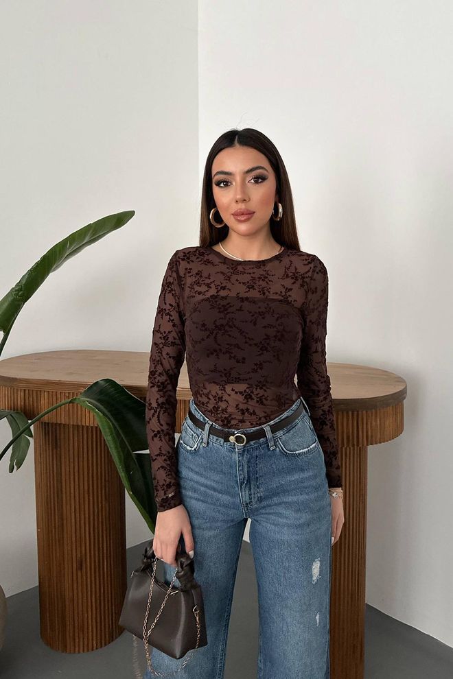 Elisa Camicetta Marrone Floreale Slim Fit Con Maniche Lunghe Abbigliamento all'ingrosso Casuale