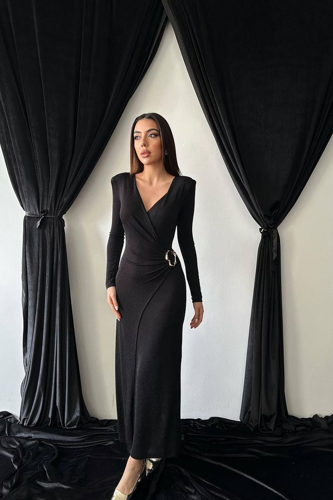 Elisa Vestido Negro Elegante Formal Envolvente Con Escote En V Ropa al por mayor Antiguo