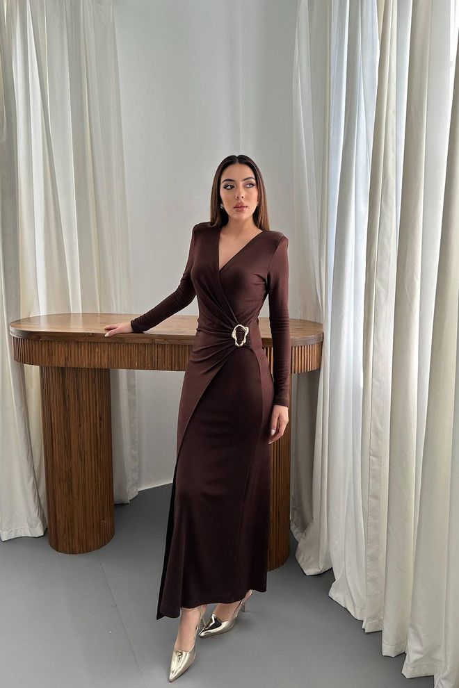 Elisa Vestido Marrón Elegante Envolvente Con Escote En V Y Mangas Largas Ropa al por mayor Sexy