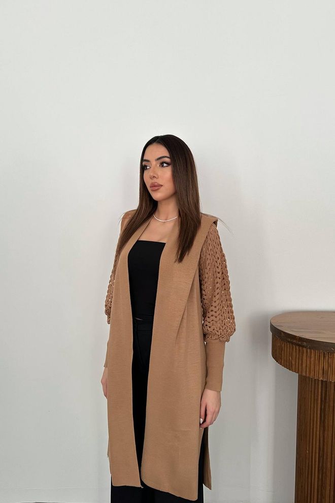 L&C Brązowy Kardigan Z Karbowanym Dekoltem I Otwartym Frontem Hurtowa sprzedaż odzieży Praca