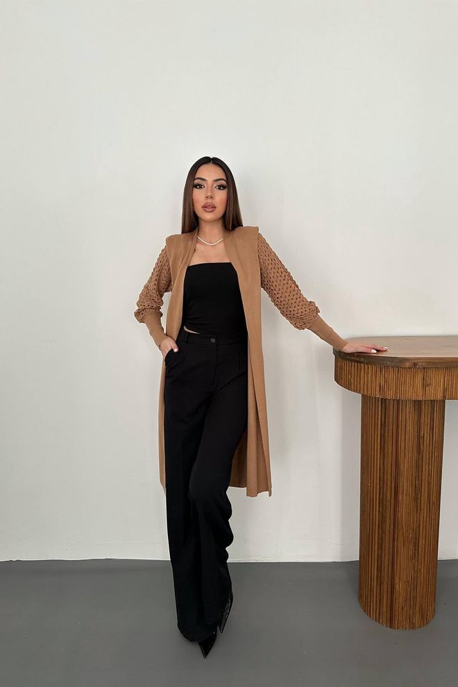 L&C Brązowy Kardigan Z Karbowanym Dekoltem I Otwartym Frontem Hurtowa sprzedaż odzieży 1