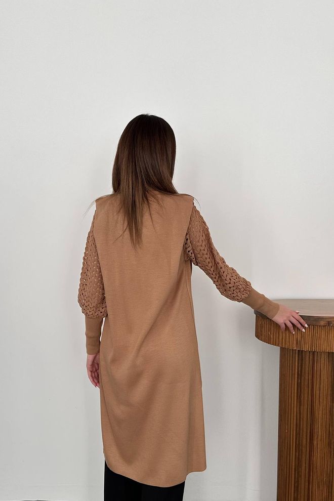 L&C Brązowy Kardigan Z Karbowanym Dekoltem I Otwartym Frontem Hurtowa sprzedaż odzieży Casual