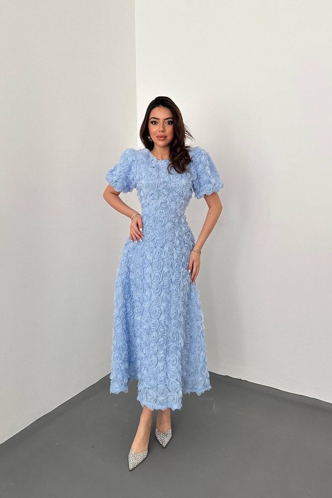Elisa Blue Elegant A Line Dress With Ruffle Sleeves Wholesale Clothing Vintage