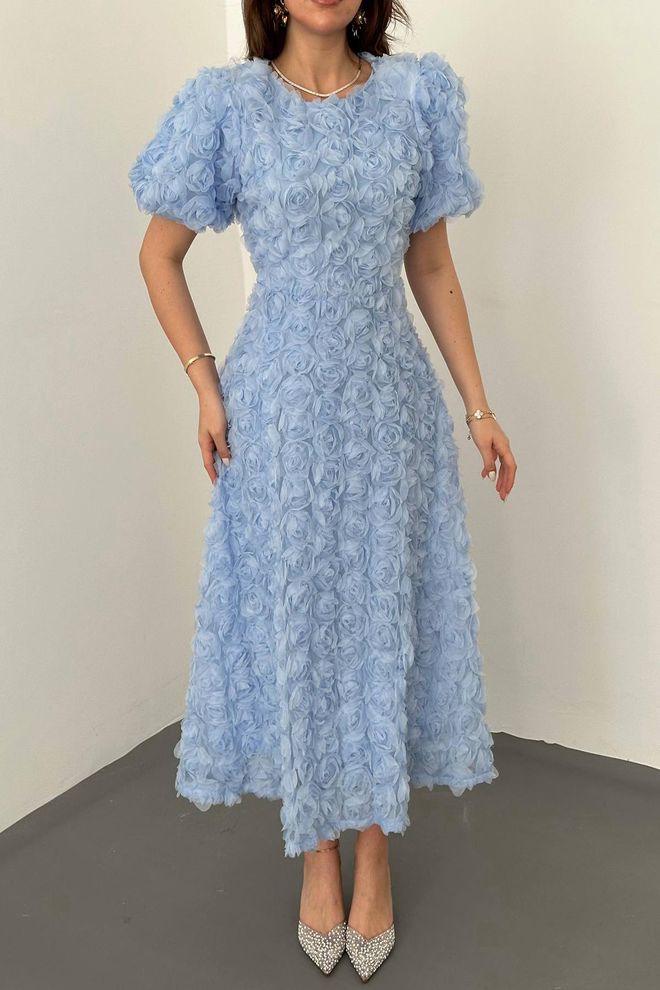 Elisa Modré Elegantné Šaty Áčkového Strihu S Volánovými Rukávmi Veľkoobchod s oblečením Jar