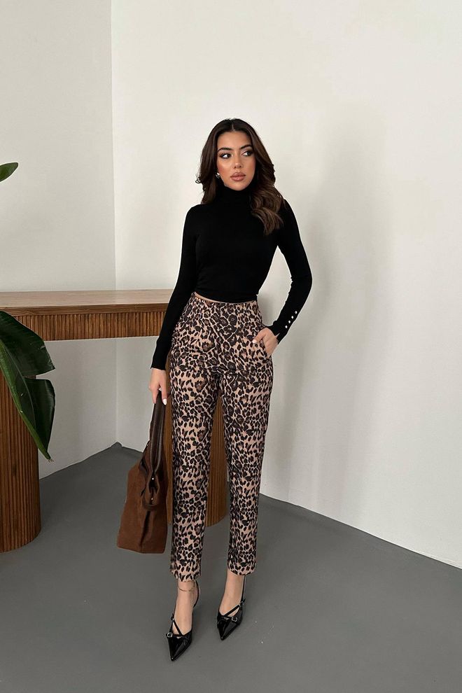 Elisa Patterned Fabric Trousers Leopard Wholesale Clothing Casual