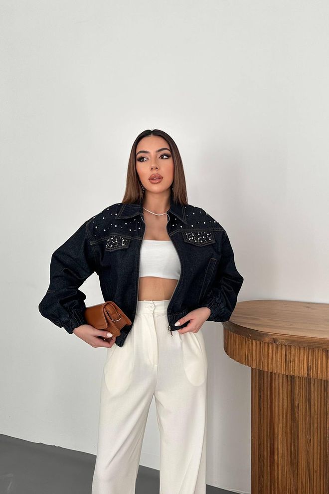 Elisa Stoned Short Denim Jacket Blue Wholesale Clothing Casual