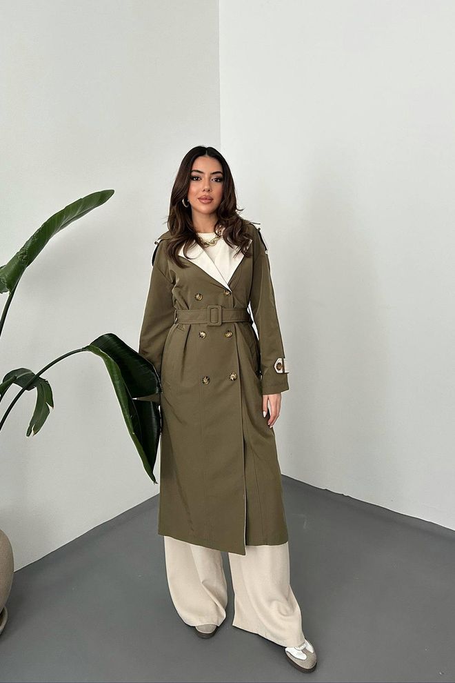 Elisa Striped Back And Belted Trench Coat Khaki & Beige Wholesale Clothing Casual