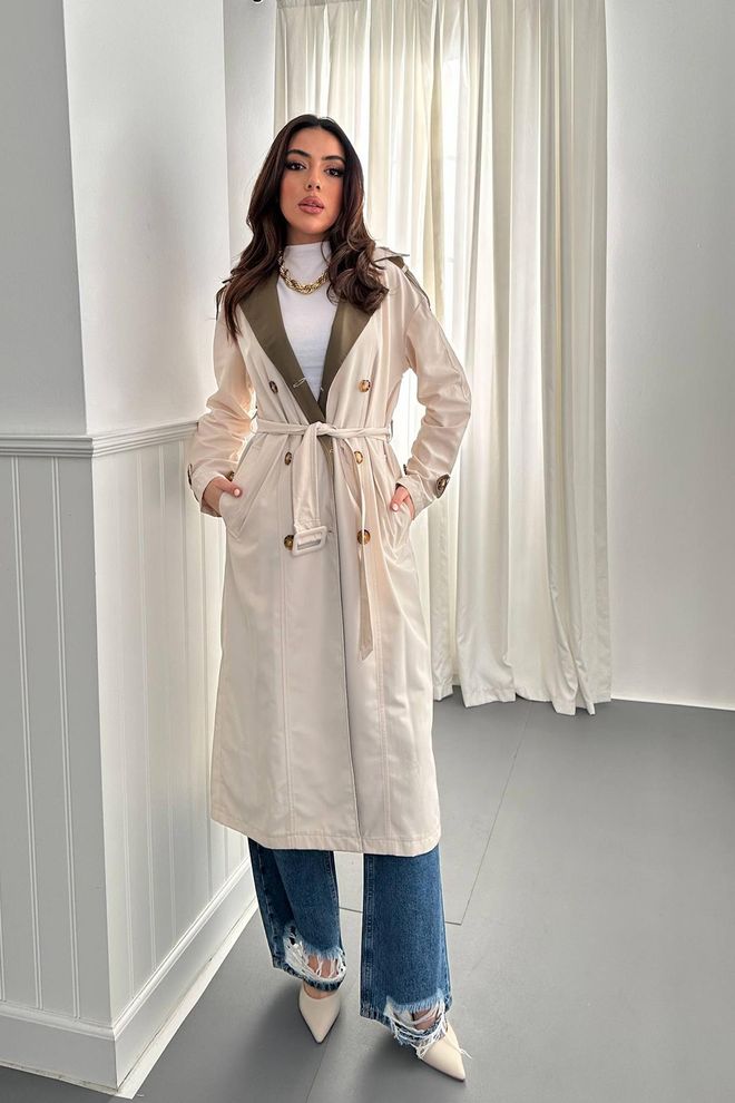 Elisa Striped Back And Belted Trench Coat Beige & Khaki Wholesale Clothing Casual