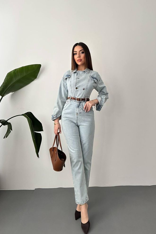Elisa Snow Wash Blue Denim Overalls Wholesale Clothing Casual