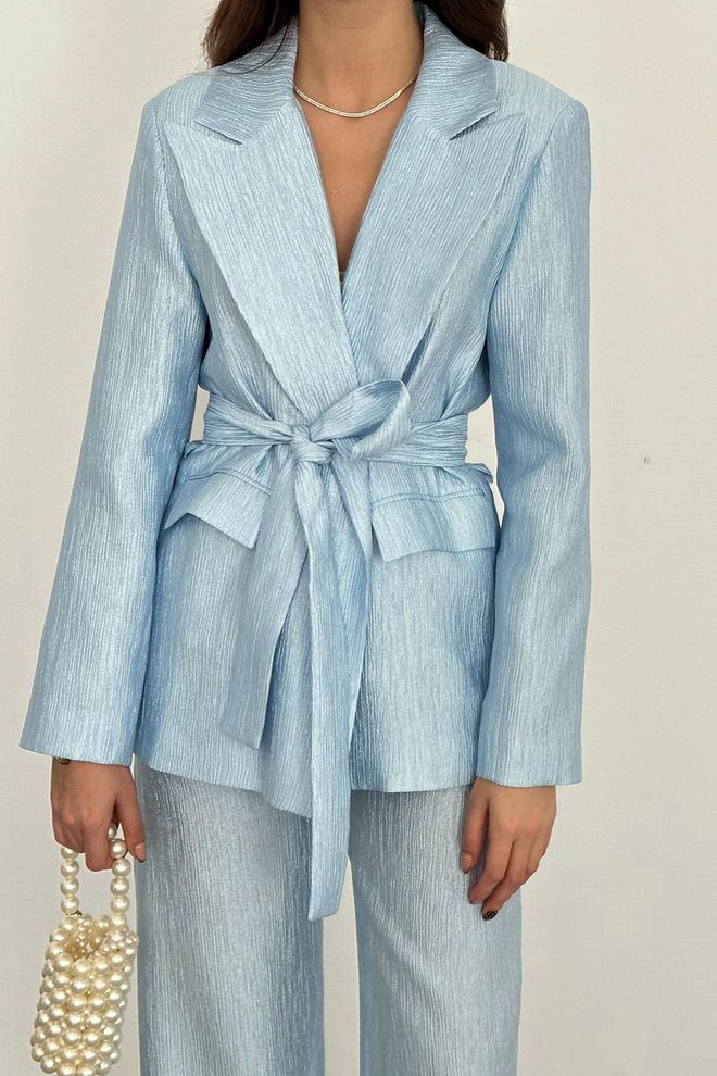 Elisa Cinturón Chaqueta Y Pantalones Traje Brillante Azul Ropa al por mayor Otoño