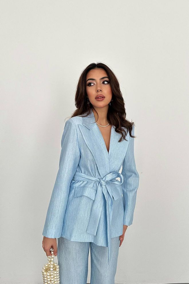 Elisa Cinturón Chaqueta Y Pantalones Traje Brillante Azul Ropa al por mayor Boda