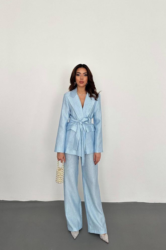 Elisa Cinturón Chaqueta Y Pantalones Traje Brillante Azul Ropa al por mayor Elegante