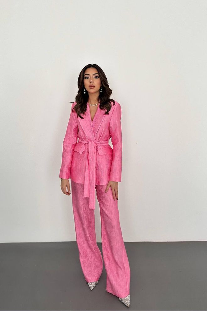 Elisa Wholesale Pink Waist Belted Jacket And Pants Shiny Suit Wholesale Clothing Elegant