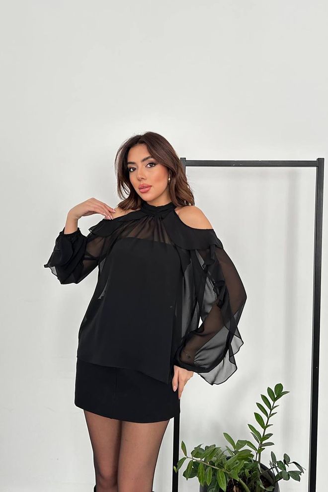 Elisa Elegant Black Blouse With Ruffle Sleeves Wholesale Clothing Casual