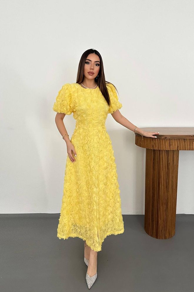 Elisa Elegant Yellow A Line Dress With Floral Puff Sleeves Wholesale Clothing Vintage