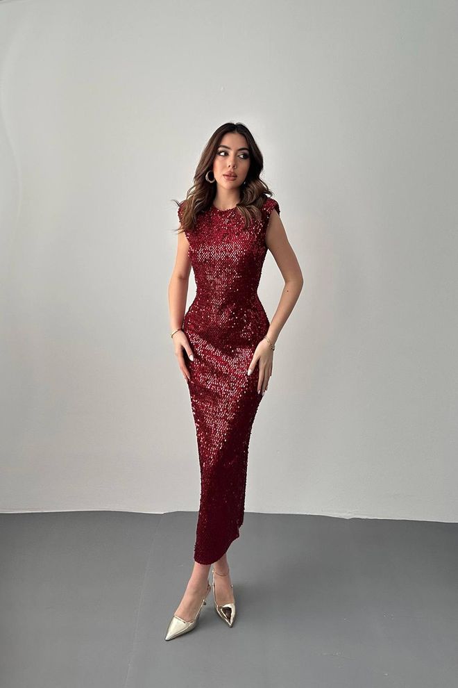 Elisa Vestido Elegante Rojo Clarete Con Lentejuelas De Tipo Vaina Manga Casquillo Escote Redondo Y Largo Midi Ropa al por mayor Sexy