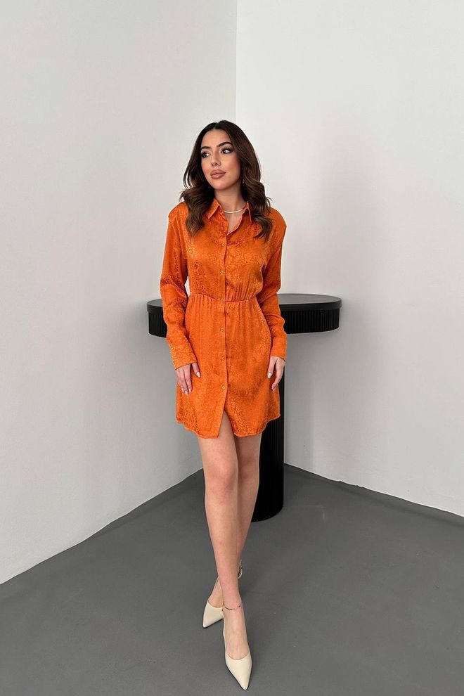 Elisa Orange Mini Shirt Dress With Long Sleeves Wholesale Clothing Casual