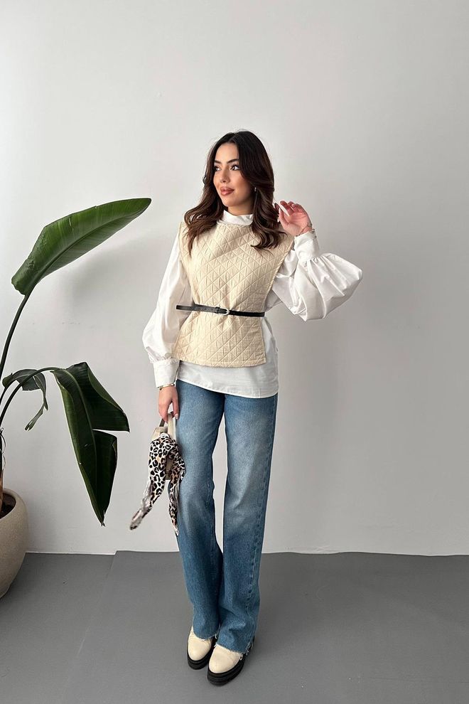 Elisa Bej Zarif Gündelik Set Kapitone Tasarımlı Toptan Giyim Ev Hali