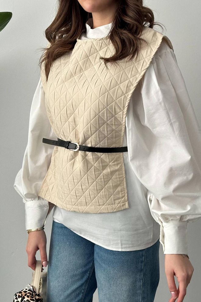 Elisa Bej Zarif Gündelik Set Kapitone Tasarımlı Toptan Giyim Bahar