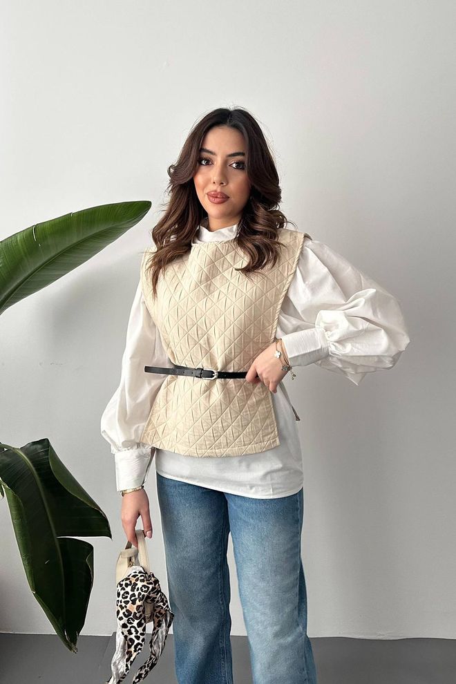 Elisa Bej Zarif Gündelik Set Kapitone Tasarımlı Toptan Giyim 1