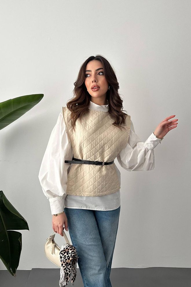 Elisa Set Casual Elegante Beige Con Design Trapuntato Abbigliamento all'ingrosso Modesto