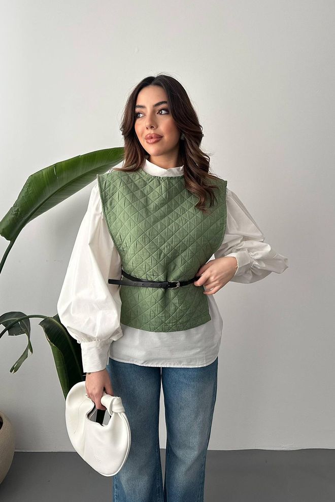 Elisa Set Verde Elegante Casual Con Motivo Trapuntato Abbigliamento all'ingrosso Modesto
