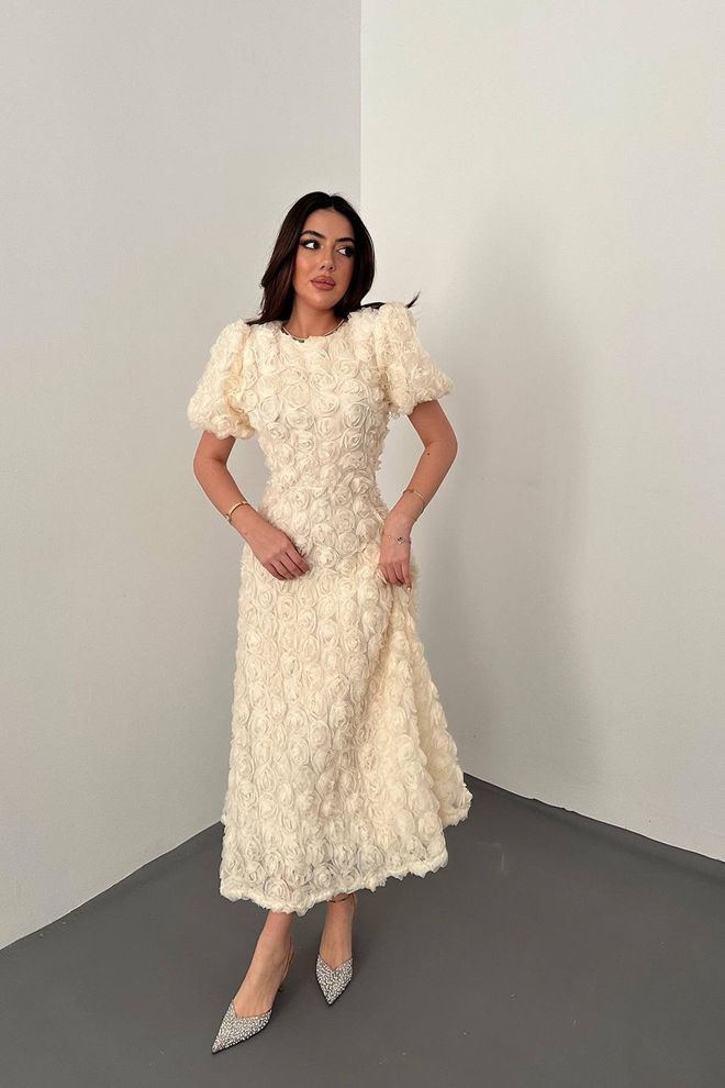 Elisa Beige Elegante A Lijn Jurk Met Bloemenpatroon Groothandel Kleding Bescheiden