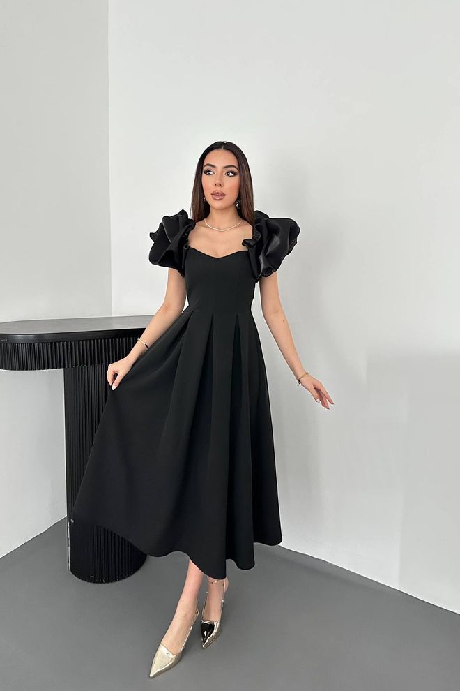 Elisa Elegante Zwarte Fit And Flare Midi Jurk Groothandel Kleding Formeel