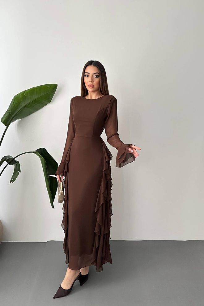 Elisa Bruine Elegante Formele Maxi Schede Jurk Groothandel Kleding Bescheiden