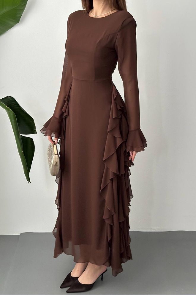 Elisa Bruine Elegante Formele Maxi Schede Jurk Groothandel Kleding Vintage