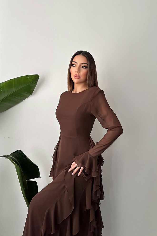 Elisa Bruine Elegante Formele Maxi Schede Jurk Groothandel Kleding Lente