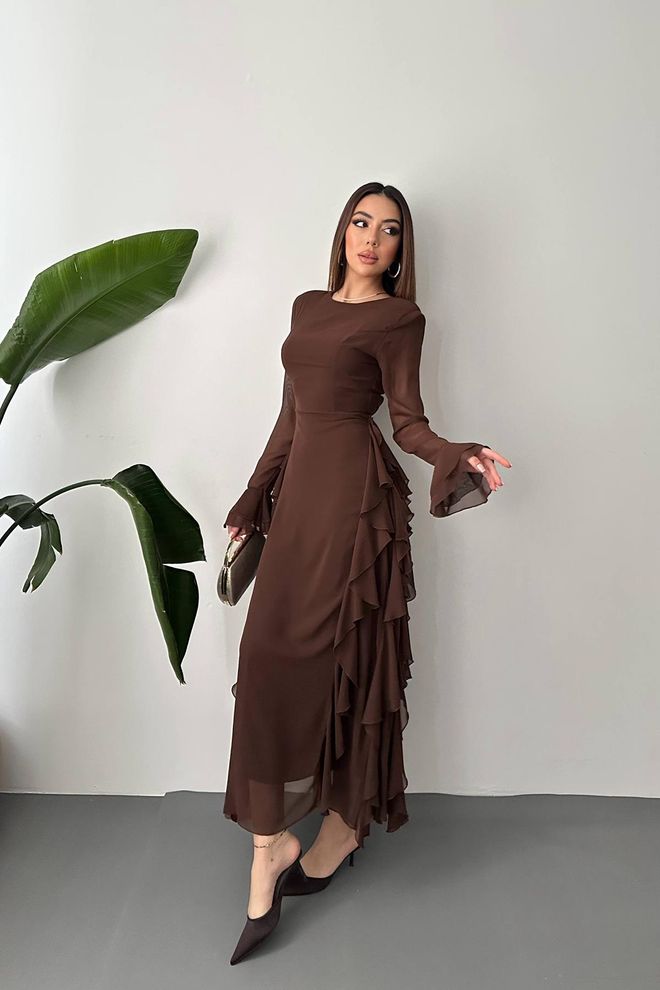 Elisa Bruine Elegante Formele Maxi Schede Jurk Groothandel Kleding 1