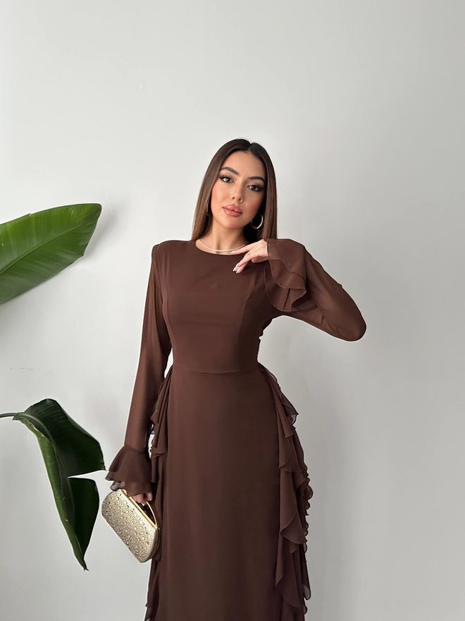 Elisa Bruine Elegante Formele Maxi Schede Jurk Groothandel Kleding Werk