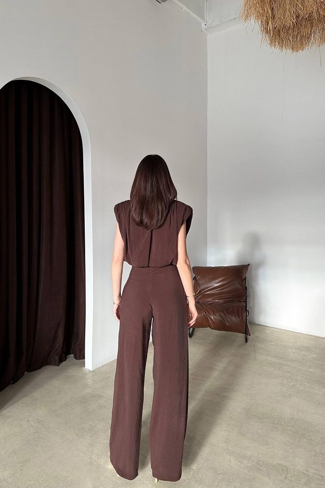 Elisa Bruin Set Met Palazzo Wijde Pijp Broek Groothandel Kleding Lente