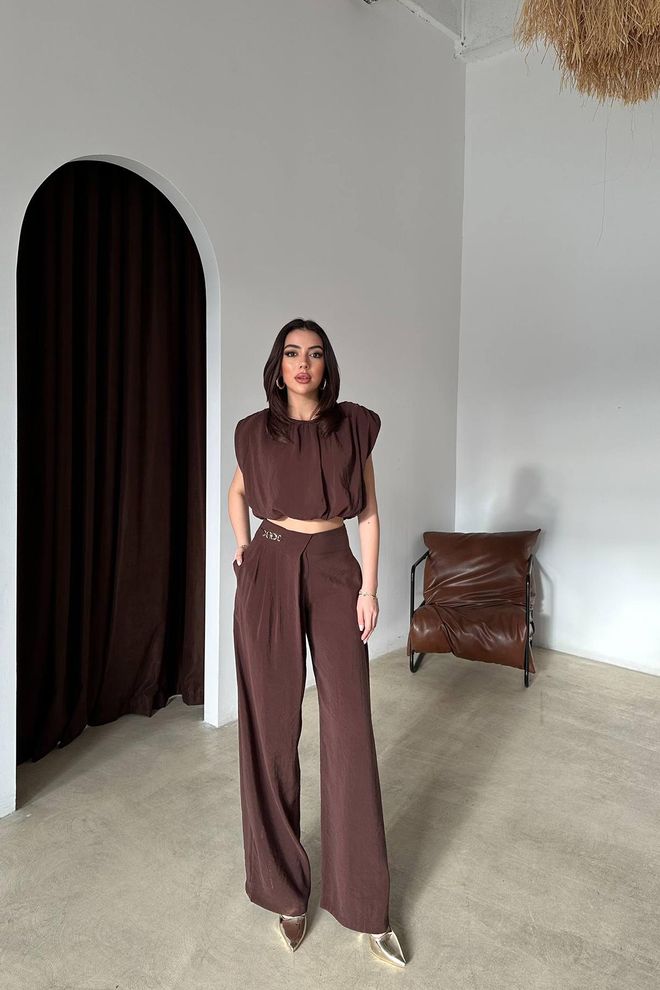 Elisa Brown Set With Palazzo Wide Leg Pants Wholesale Clothing Casual