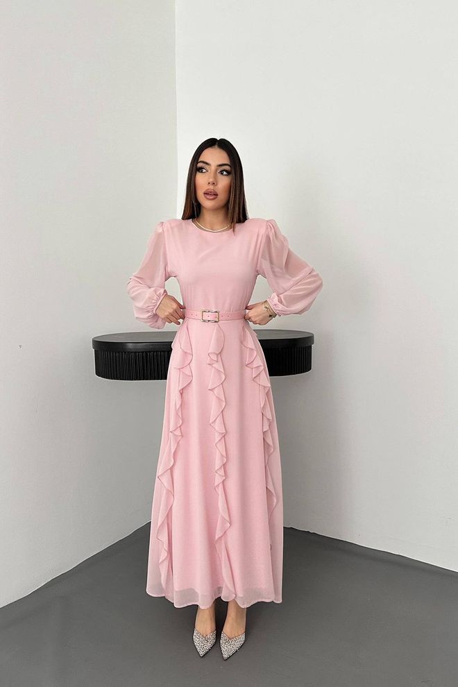 Elisa Robe Rose Élégante Cintrée Et Évasée À Manches Longues Vêtements en gros Modeste