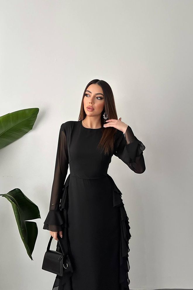 Elisa Elegante Zwarte Schedejurk Met Lange Ruches Mouwen Groothandel Kleding Cocktail