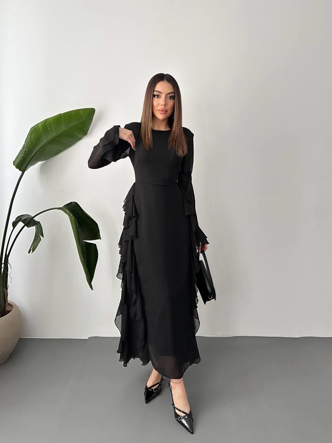 Elisa Elegante Zwarte Schedejurk Met Lange Ruches Mouwen Groothandel Kleding 1